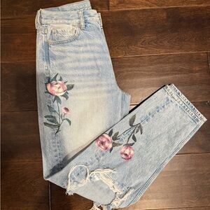 One of a kind pair of mom jeans with painted flowers